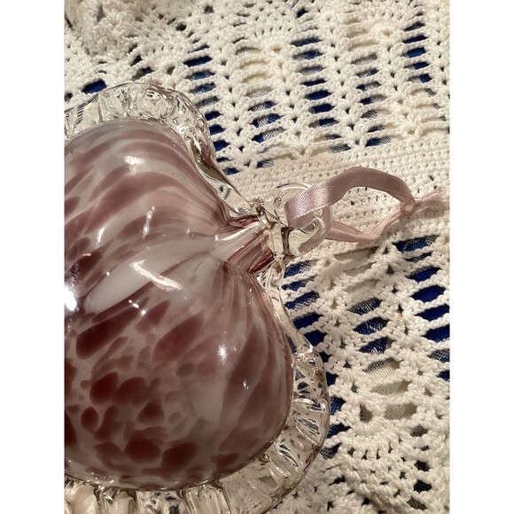 Blown Clear Glass With Purple/ White Accent Heart Pendant Ornament 5” x 5” Inch - Picture 5 of 5